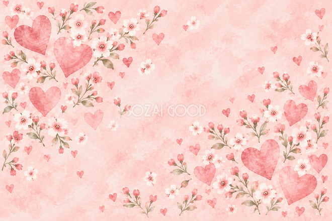 花の小枝と寄り添うハート 花の小枝と寄り添うハート