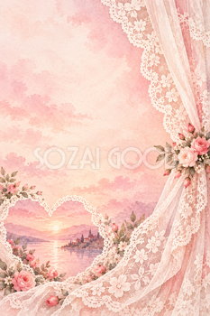 片側のレースとハートの景色｜かわいいハート背景の無料イラスト素材 110773