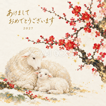 紅梅の枝と親子羊｜羊の年賀状背景・無料イラスト素材・文字なし版あり 110788