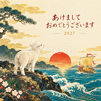 宝船を見送る羊｜羊の年賀状背景・無料イラスト素材・文字なし版あり 110792