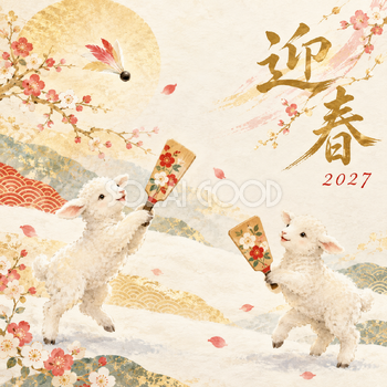 羽根つき遊び｜羊の年賀状背景・無料イラスト素材・文字なし版あり 110793
