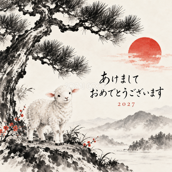 松の枝と白い羊 松の枝と白い羊