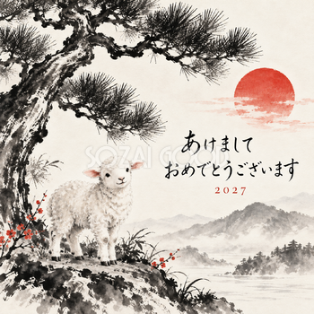 松の枝と白い羊｜羊の年賀状背景・無料イラスト素材・文字なし版あり 110796