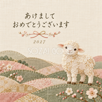 パッチワークの春｜羊の年賀状背景・無料イラスト素材・文字なし版あり 110800
