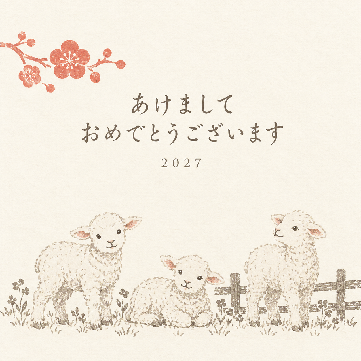 消しゴムはんこの牧場｜羊の年賀状背景・無料イラスト素材・文字なし版あり 110812に写真・文字を入れる