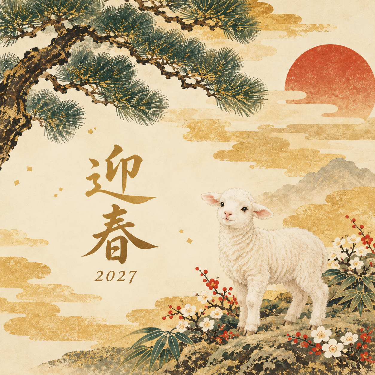 木版画の松と雲｜羊の年賀状背景・無料イラスト素材・文字なし版あり 110813に写真・文字を入れる