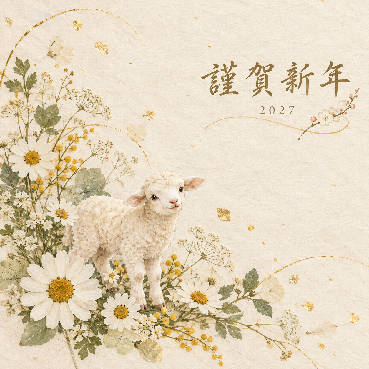 押し花と羊｜羊の年賀状背景・無料イラスト素材・文字なし版あり 110815に写真・文字を入れる
