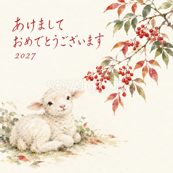 南天の赤い実｜羊の年賀状背景・無料イラスト素材・文字なし版あり 110824