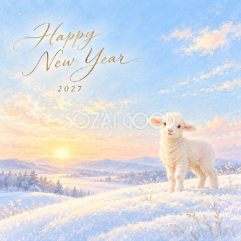 雪明かりの丘｜羊の年賀状背景・無料イラスト素材・文字なし版あり 110830