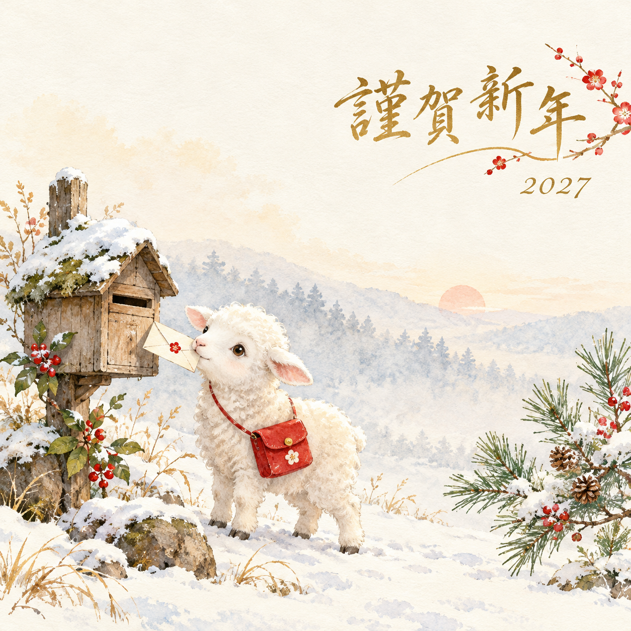 森の小さな郵便屋｜羊の年賀状背景・無料イラスト素材・文字なし版あり 110831に写真・文字を入れる