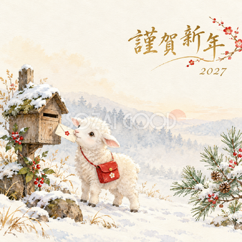 森の小さな郵便屋｜羊の年賀状背景・無料イラスト素材・文字なし版あり 110831