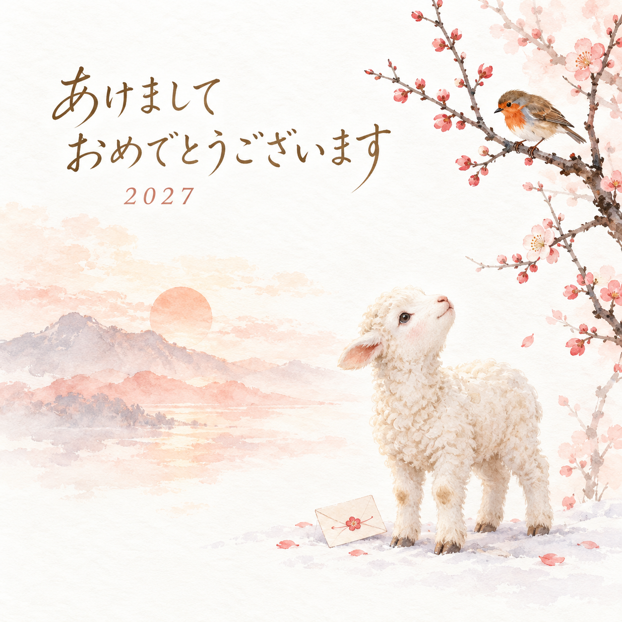 小鳥からの年賀便り｜羊の年賀状背景・無料イラスト素材・文字なし版あり 110832に写真・文字を入れる