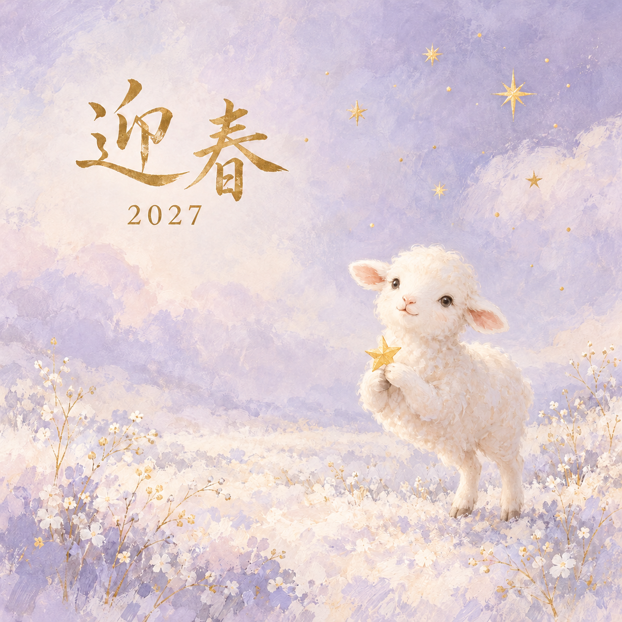 星を拾う羊｜羊の年賀状背景・無料イラスト素材・文字なし版あり 110837に写真・文字を入れる