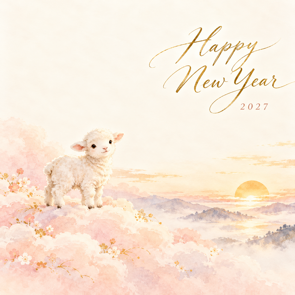 雲の上の新年｜羊の年賀状背景・無料イラスト素材・文字なし版あり 110842に写真・文字を入れる