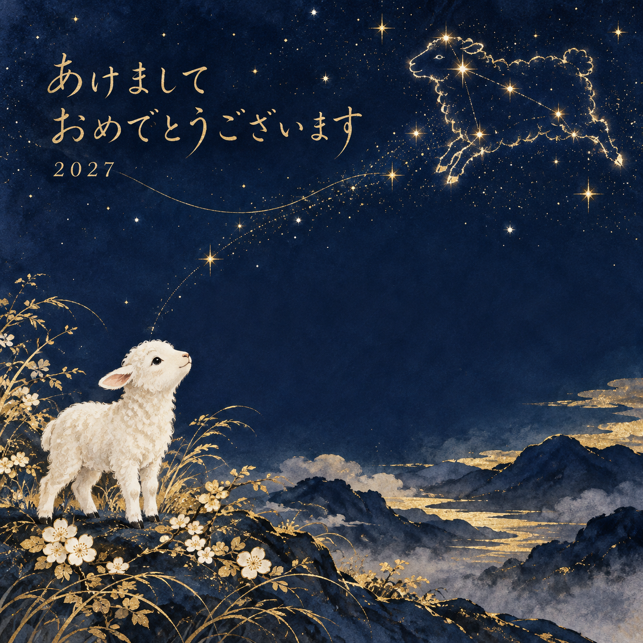 星座になった羊｜羊の年賀状背景・無料イラスト素材・文字なし版あり 110844に写真・文字を入れる