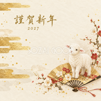 扇と霞の金彩｜羊の年賀状背景・無料イラスト素材・文字なし版あり 110851