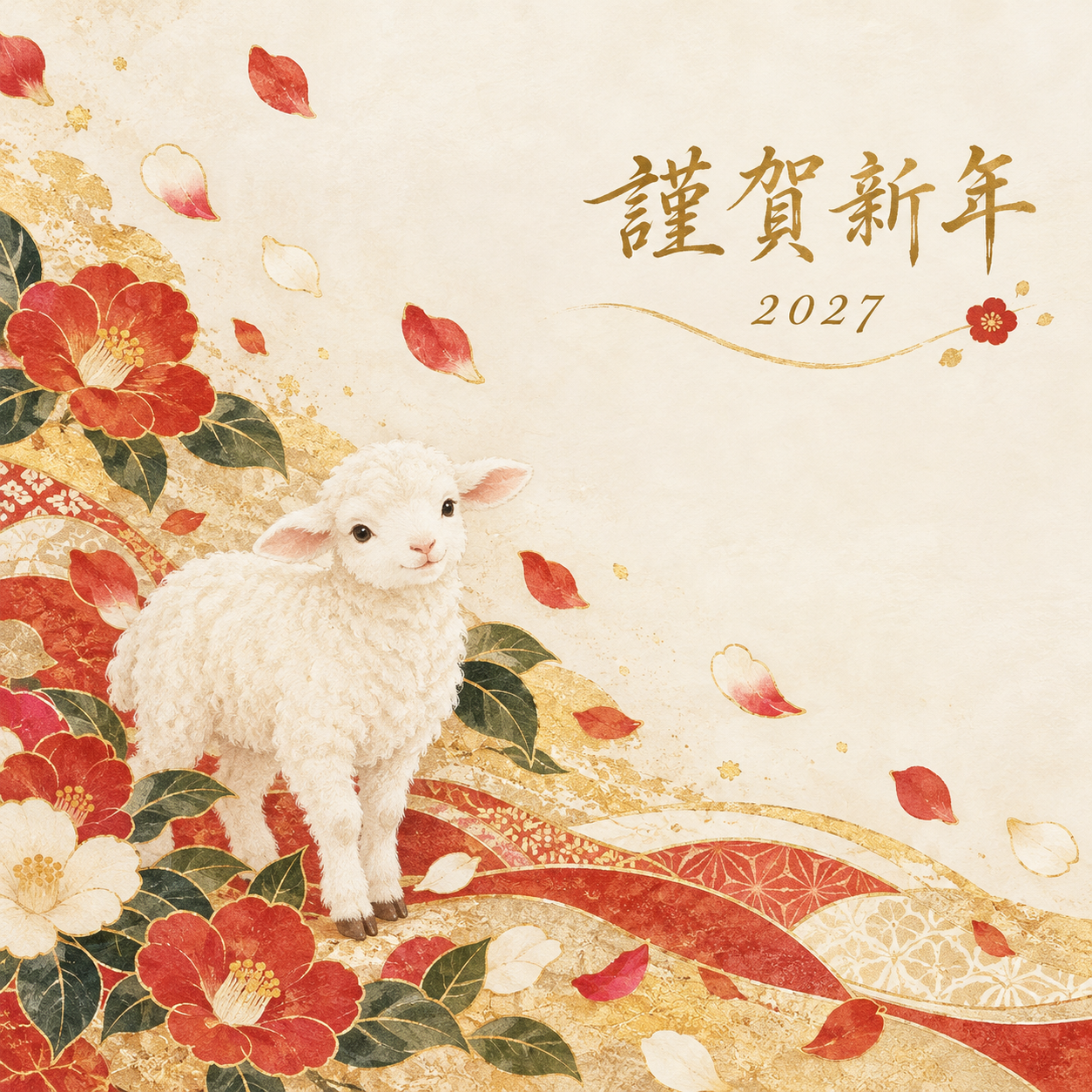友禅の花と羊｜羊の年賀状背景・無料イラスト素材・文字なし版あり 110855に写真・文字を入れる