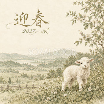 銅版画の牧場｜羊の年賀状背景・無料イラスト素材・文字なし版あり 110865