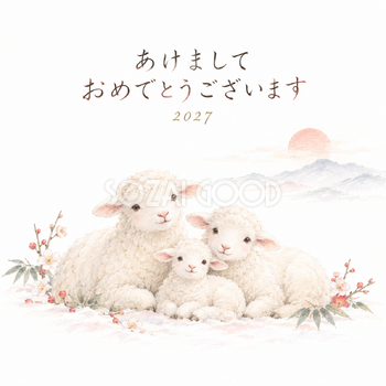 白い余白の家族｜羊の年賀状背景・無料イラスト素材・文字なし版あり 110872