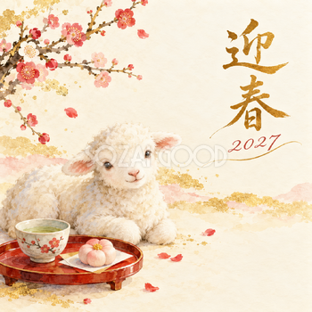 祝いの小さな茶会｜羊の年賀状背景・無料イラスト素材・文字なし版あり 110877