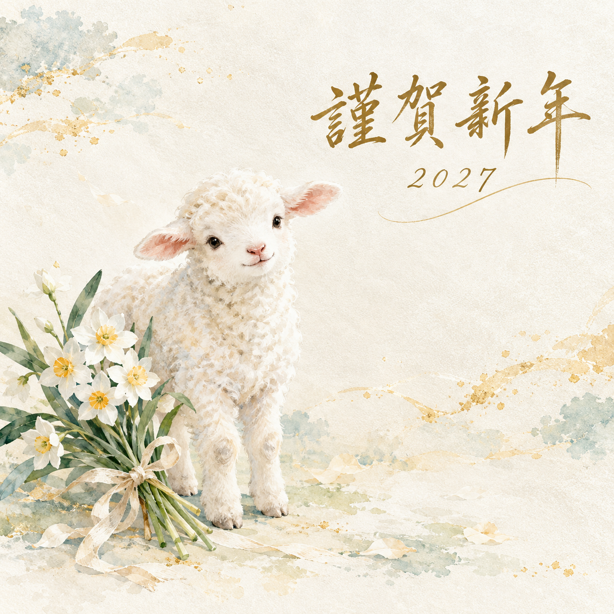 白い花束の贈り物｜羊の年賀状背景・無料イラスト素材・文字なし版あり 110879に写真・文字を入れる