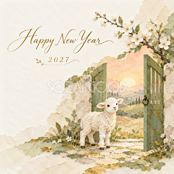 新しい扉をひらく羊｜羊の年賀状背景・無料イラスト素材・文字なし版あり 110886