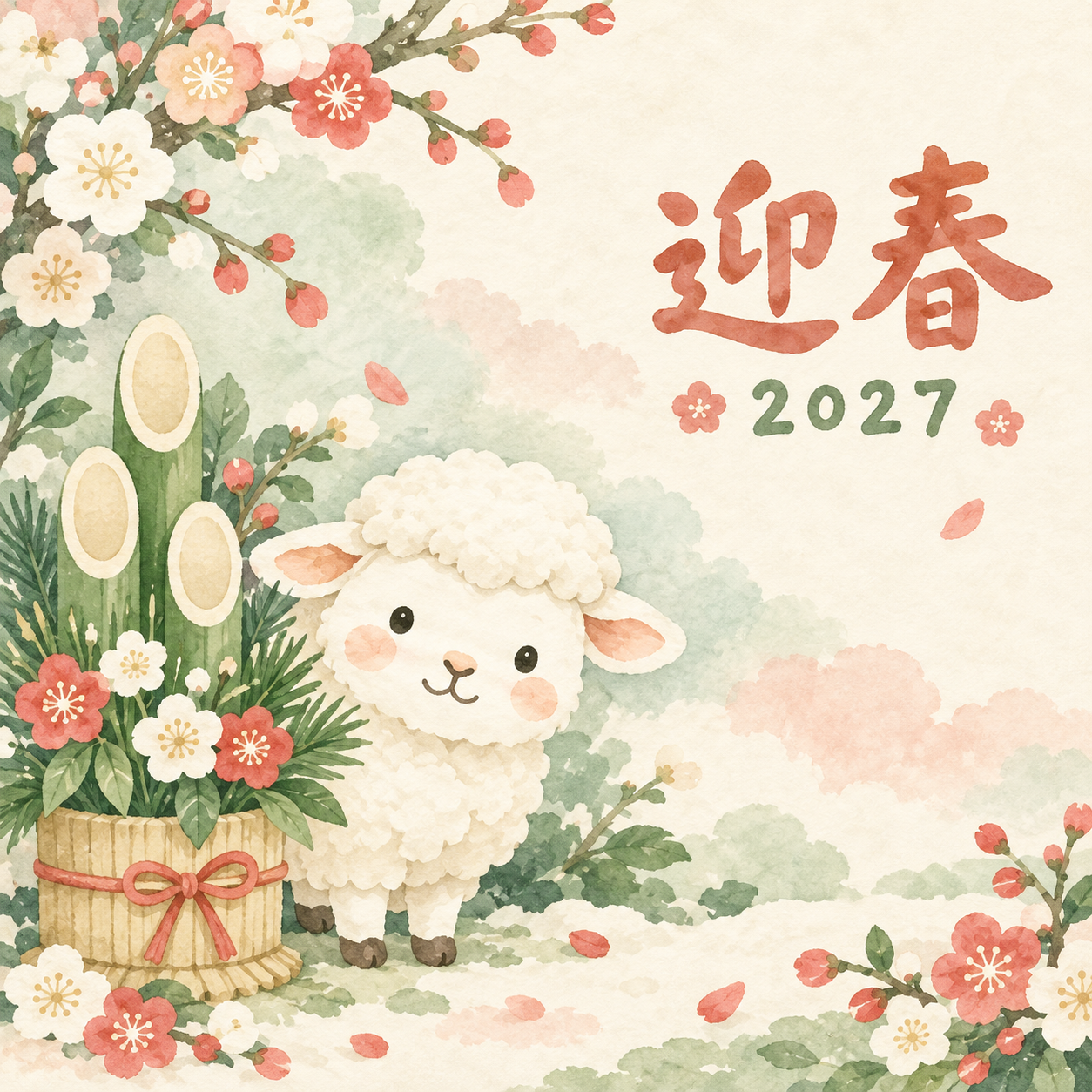 門松からひょっこり｜まんまる羊の年賀状背景・無料イラスト素材・文字なし版あり 110889に写真・文字を入れる