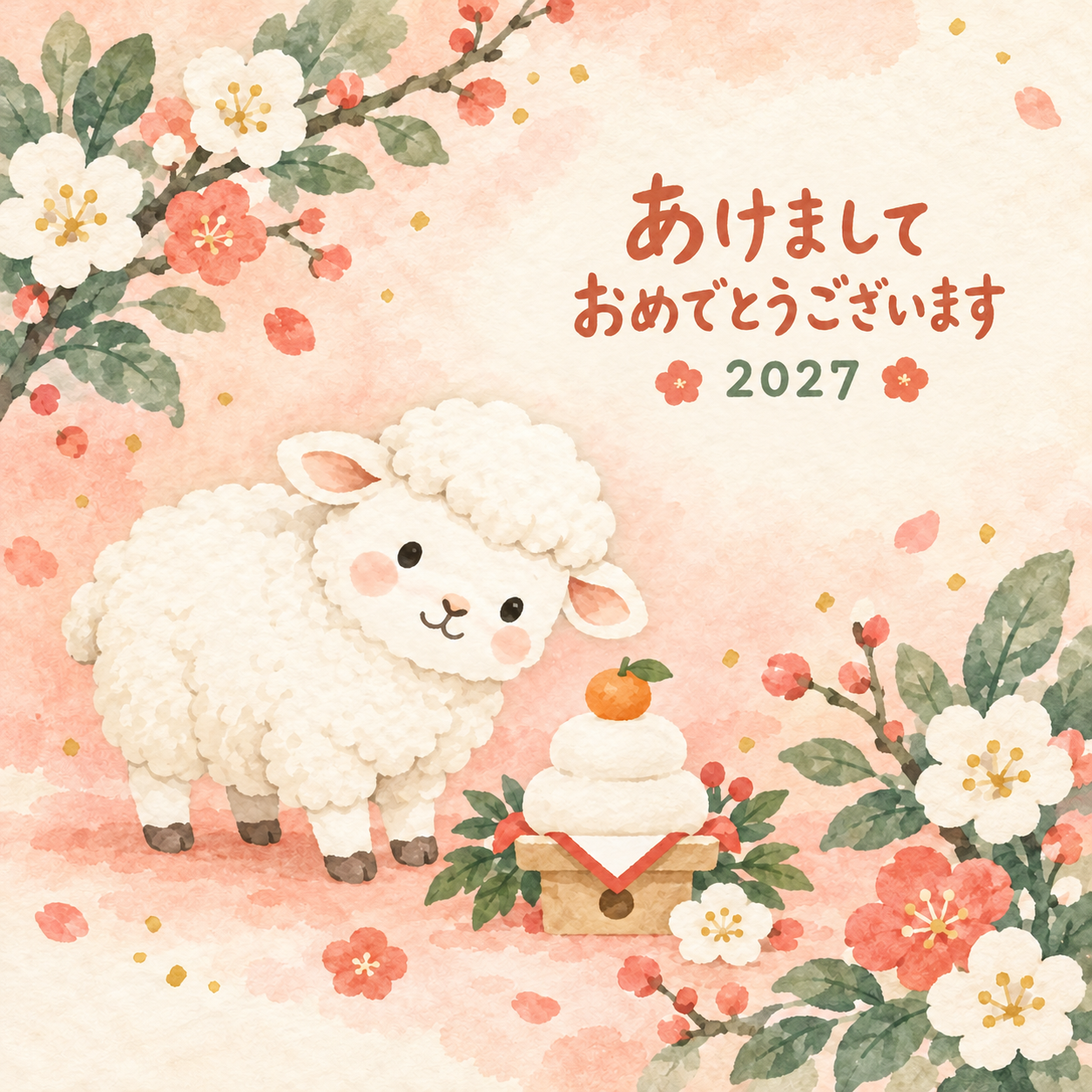 鏡餅にごあいさつ｜まんまる羊の年賀状背景・無料イラスト素材・文字なし版あり 110891に写真・文字を入れる