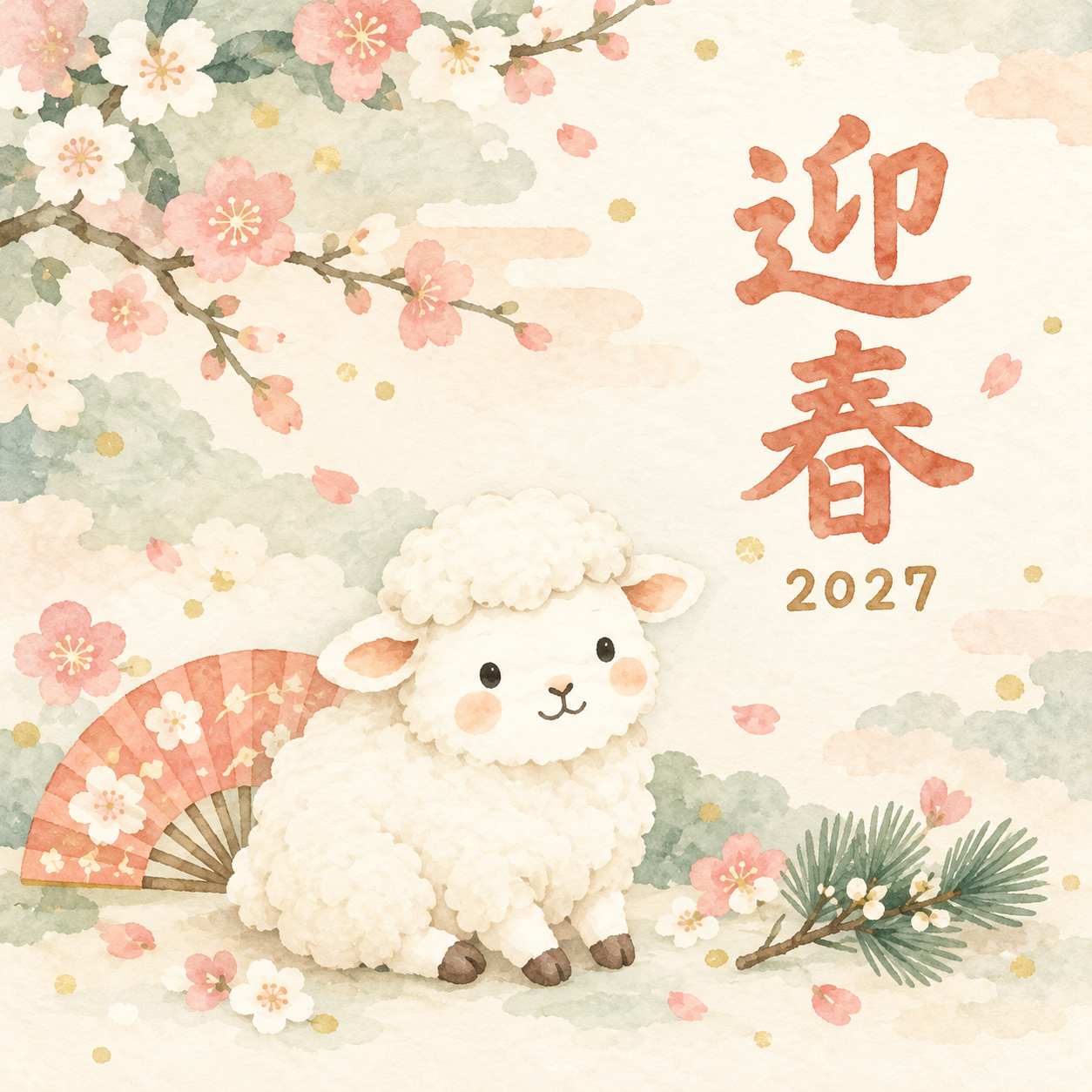 祝い扇とおすわり｜まんまる羊の年賀状背景・無料イラスト素材・文字なし版あり 110893に写真・文字を入れる