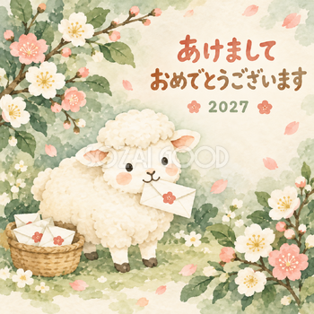 竹かごの年賀便り｜まんまる羊の年賀状背景・無料イラスト素材・文字なし版あり 110895