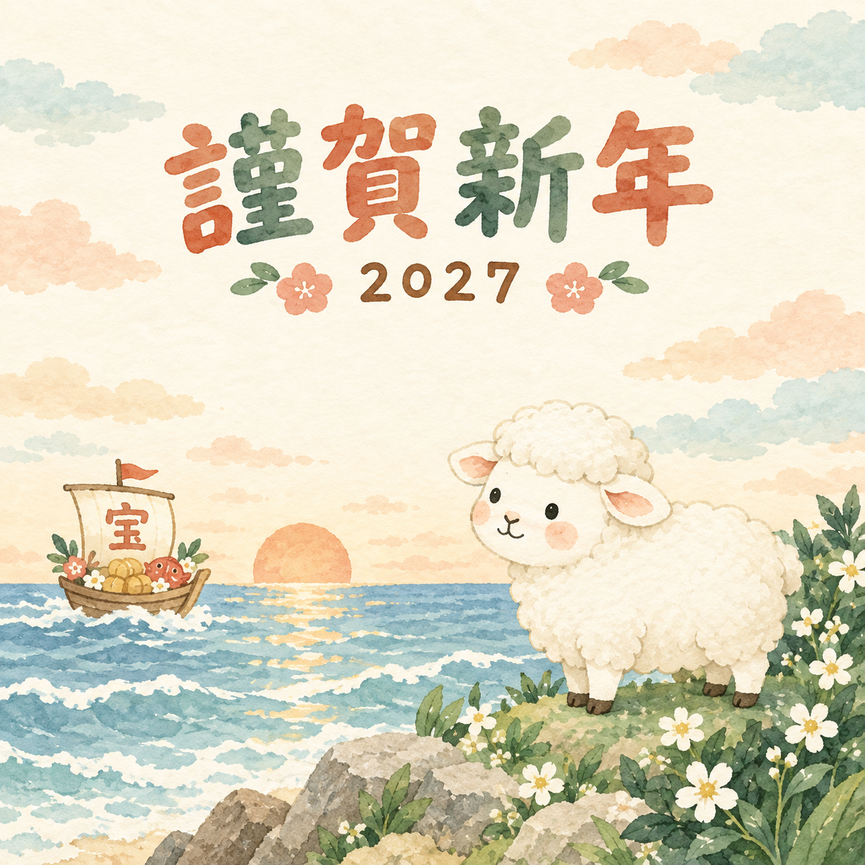 小さな宝船を見送って｜まんまる羊の年賀状背景・無料イラスト素材・文字なし版あり 110896に写真・文字を入れる