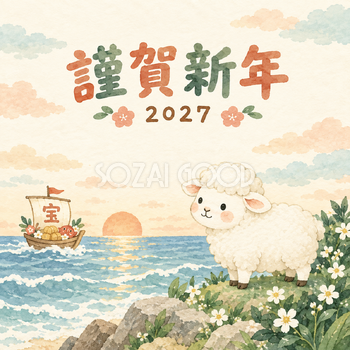 小さな宝船を見送って｜まんまる羊の年賀状背景・無料イラスト素材・文字なし版あり 110896