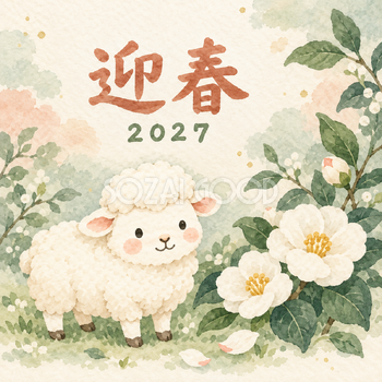 白い椿と羊｜まんまる羊の年賀状背景・無料イラスト素材・文字なし版あり 110897