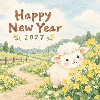 菜の花のかくれんぼ｜まんまる羊の年賀状背景・無料イラスト素材・文字なし版あり 110898