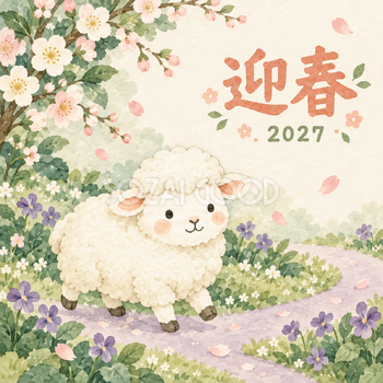 すみれ色の小径｜まんまる羊の年賀状背景・無料イラスト素材・文字なし版あり 110901