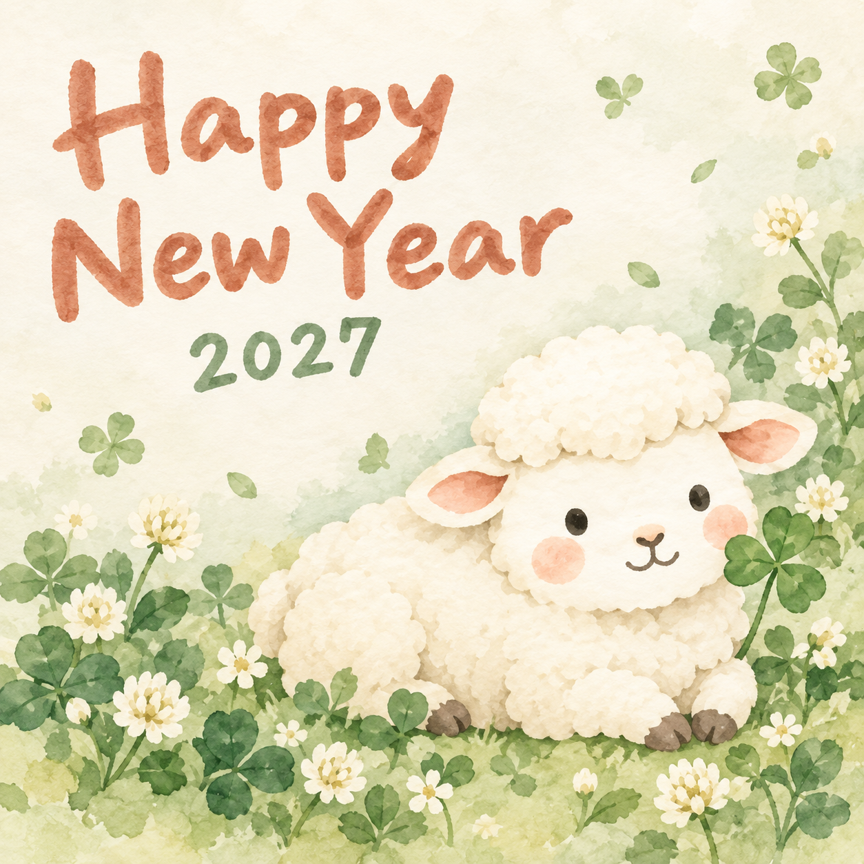 四つ葉のひだまり｜まんまる羊の年賀状背景・無料イラスト素材・文字なし版あり 110902に写真・文字を入れる