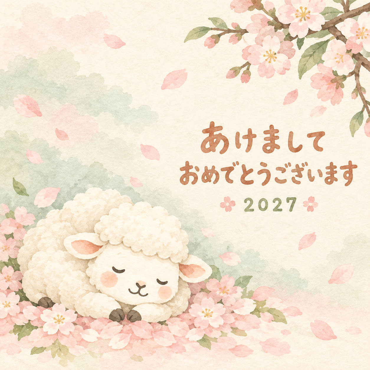 桜の花びらのおふとん｜まんまる羊の年賀状背景・無料イラスト素材・文字なし版あり 110903に写真・文字を入れる