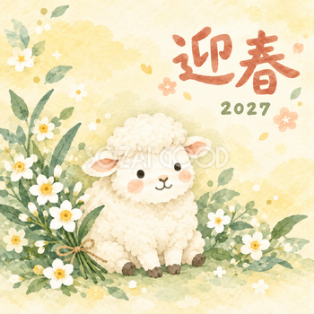 水仙の花束といっしょ｜まんまる羊の年賀状背景・無料イラスト素材・文字なし版あり 110905