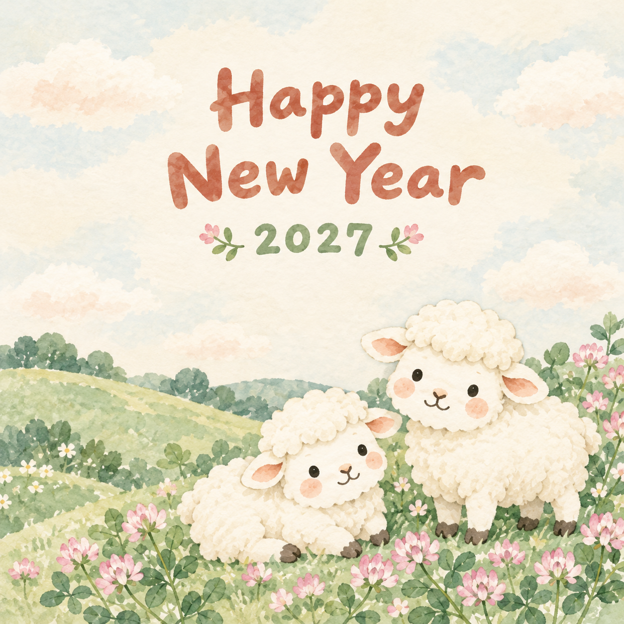 れんげ畑の春｜まんまる羊の年賀状背景・無料イラスト素材・文字なし版あり 110906に写真・文字を入れる