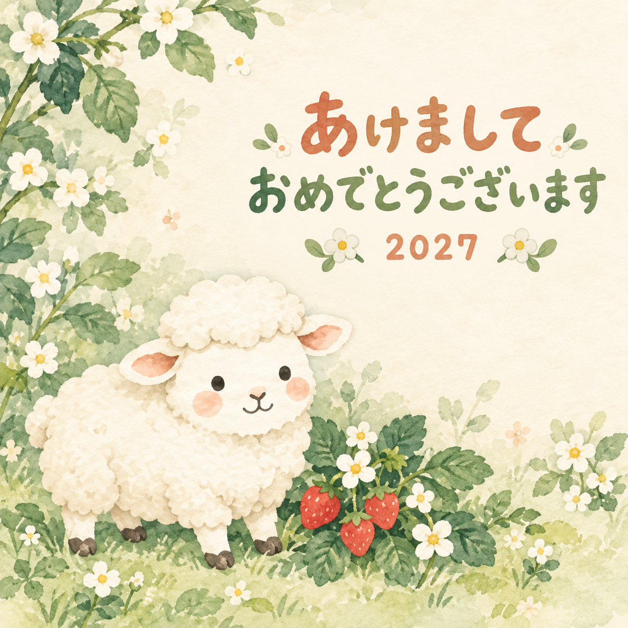 いちごの小さな庭｜まんまる羊の年賀状背景・無料イラスト素材・文字なし版あり 110907に写真・文字を入れる