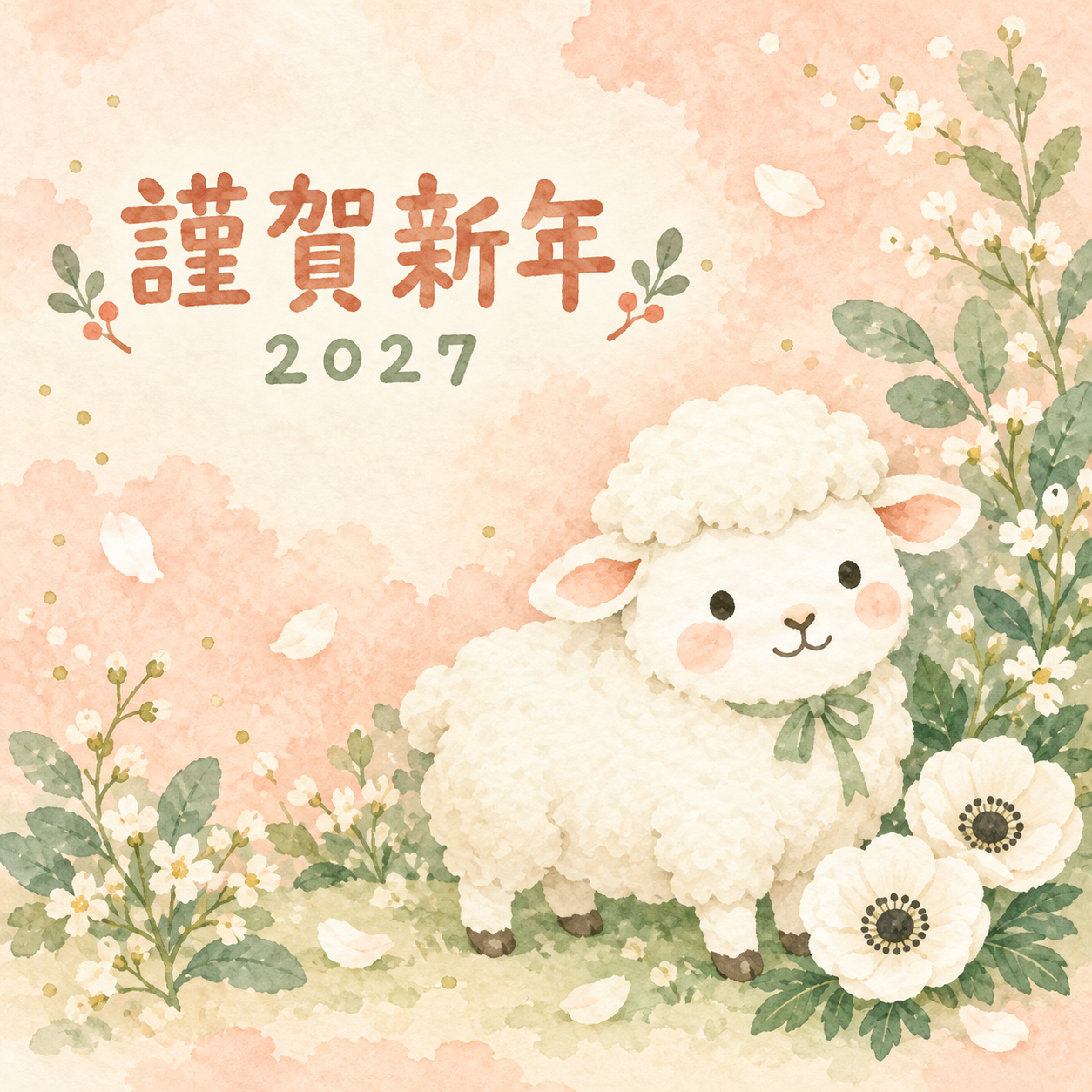 アネモネとおめかし｜まんまる羊の年賀状背景・無料イラスト素材・文字なし版あり 110912に写真・文字を入れる
