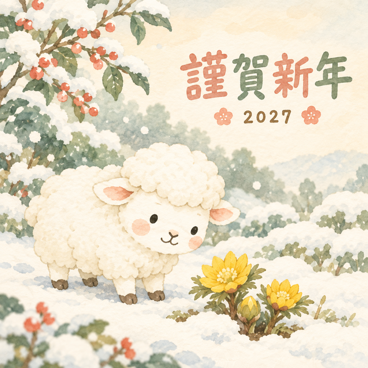 福寿草を見つけたよ｜まんまる羊の年賀状背景・無料イラスト素材・文字なし版あり 110916に写真・文字を入れる