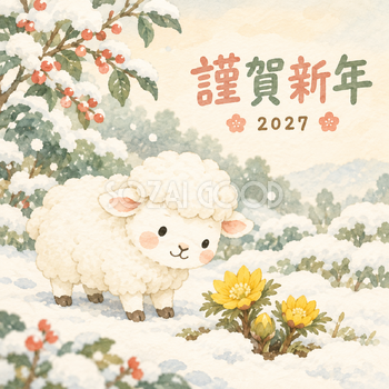 福寿草を見つけたよ｜まんまる羊の年賀状背景・無料イラスト素材・文字なし版あり 110916