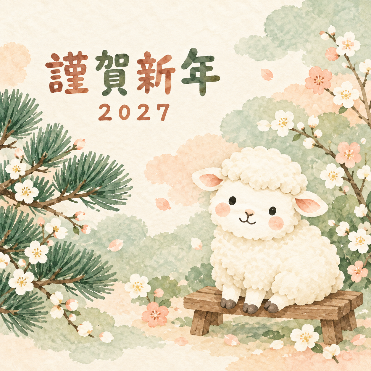 雪のベンチでひとやすみ｜まんまる羊の年賀状背景・無料イラスト素材・文字なし版あり 110920に写真・文字を入れる