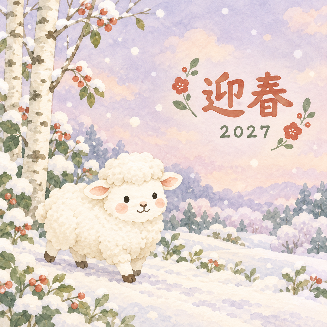 白樺の冬道｜まんまる羊の年賀状背景・無料イラスト素材・文字なし版あり 110921に写真・文字を入れる
