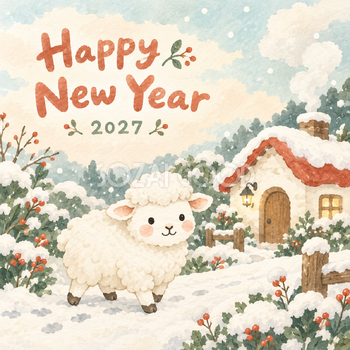 赤い屋根のおうち｜まんまる羊の年賀状背景・無料イラスト素材・文字なし版あり 110922