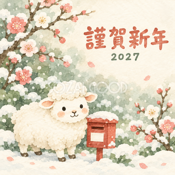 雪のポスト｜まんまる羊の年賀状背景・無料イラスト素材・文字なし版あり 110924