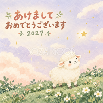 星を見上げる羊｜まんまる羊の年賀状背景・無料イラスト素材・文字なし版あり 110927