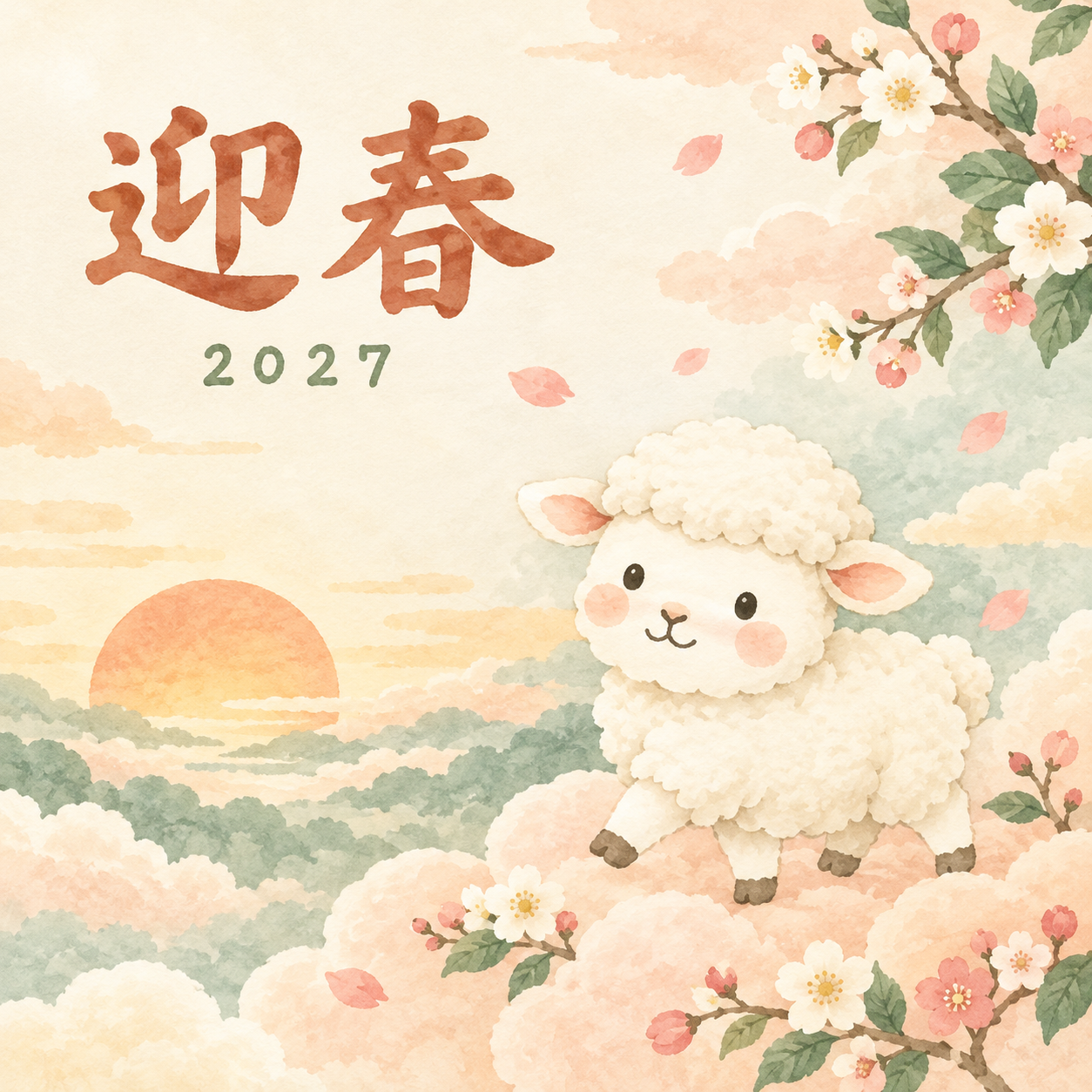 雲の上のおさんぽ｜まんまる羊の年賀状背景・無料イラスト素材・文字なし版あり 110929に写真・文字を入れる