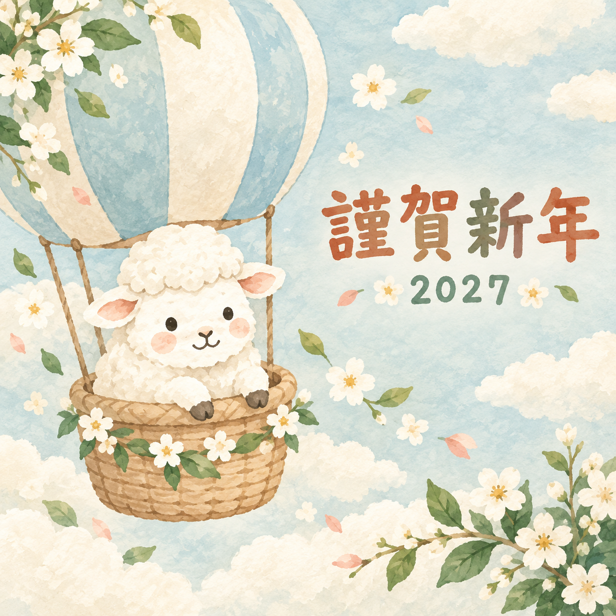 ふわふわ雲の気球｜まんまる羊の年賀状背景・無料イラスト素材・文字なし版あり 110932に写真・文字を入れる